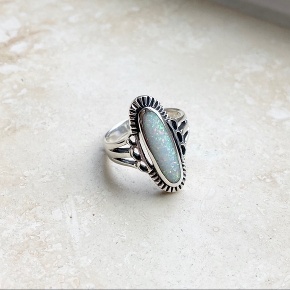 😍TOP SELLER😍 Silver Etched White Lab Opal Ring, Statement Ring, Silver Rings - Picture 7 of 8